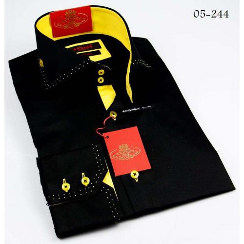 Axxess Black / Yellow Handpick Stitching 100% Cotton Dress Shirt 05-244